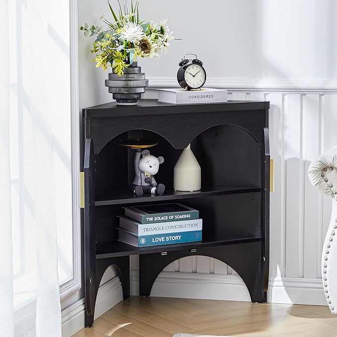 Small Corner Storage Cabinet, Mid Century Modern Floor Corner Cabinet with Curved Doors and Adjustable Shelves，Freestanding Narrow Storage Organizer for Bathroom, Living Room (Black)