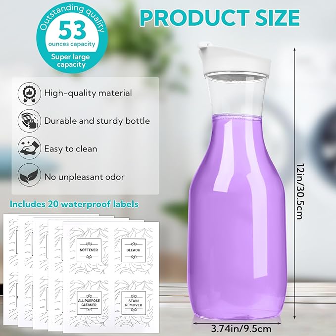 4 Pack Laundry Bottles 53oz Plastic Liquid Detergent Dispenser with 20 Label Laundry Room Organization for Liquid Powder Bleach Scent Booster Beads Soap Fabric Softener