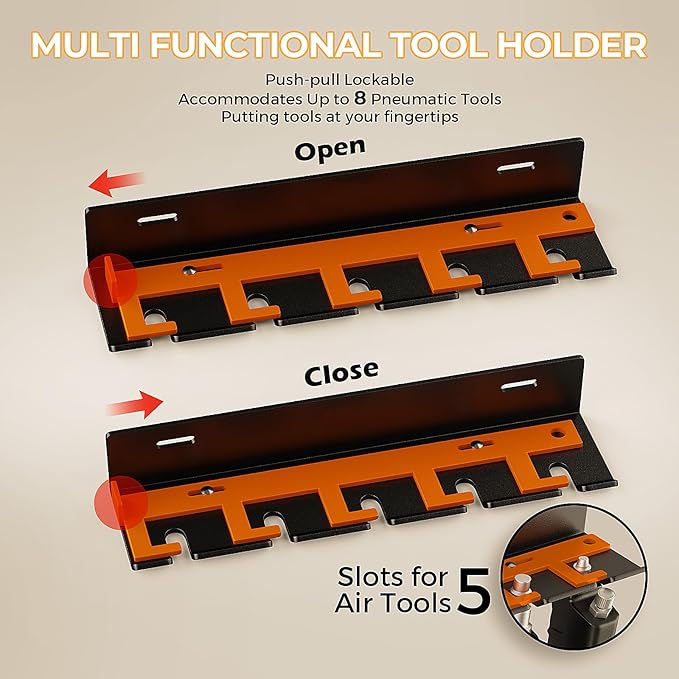 Air Tool Holder, Air Tool Rack for Garage Walls and Tool Cart Storage Organizer，Wall Mounted Lockable Pneumatic Tool Hanger for Air Compressor Tools, Pneumatic Nail Gun, Black-5 Slots