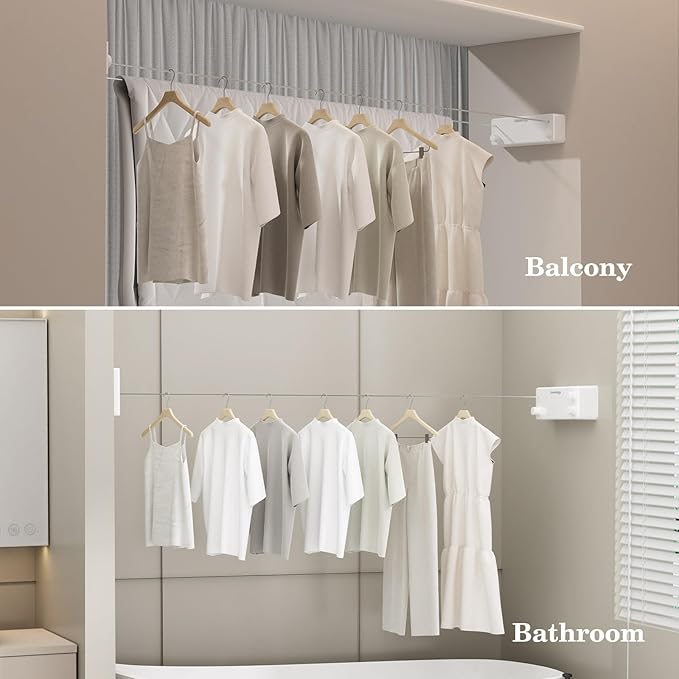Danpoo Retractable Clothesline, 2x13.8ft Stainless Steel Clothes Line for Indoors/Outdoors, Wall-Mounted Laundry Drying with Auto-Lock, Heavy Duty(White)
