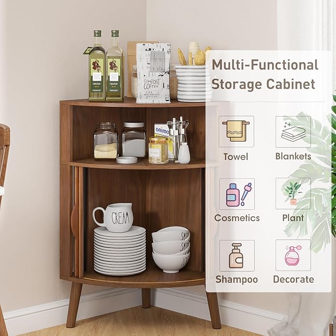 Bathroom Corner Storage Cabinet, 31.5''H Small Floor Corner Cabinet with 2 Fluted Doors and Shelves, Freestanding Narrow Cabinets Organizer for Living Room, Kitchen (Walnut, 31.5''H)