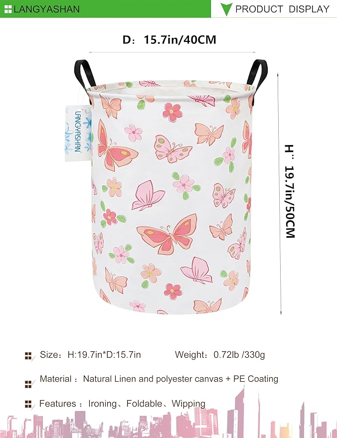 LANGYASHAN Laundry Basket Canvas Fabric Collapsible Organizer Basket for Storage Bin Toy Bins Gift Baskets Bedroom Clothes Children Nursery Hamper (Pink Butterfly)