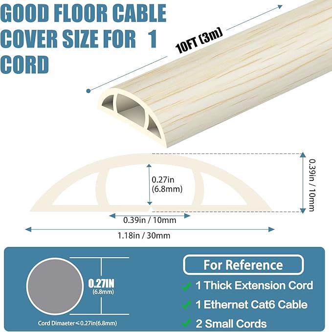 Floor Cord Covers for Wires 10FT Cable Hider Wire Cover Self Adhesive Cord Hider Floor for Offices, Homes, Workshops, Warehouses Cable Cavity 0.39" W x 0.27" H