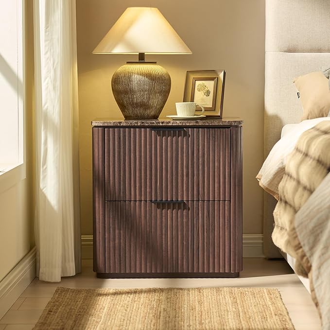 Fluted Nightstand with 2 Drawers, Bedside Table with Faux Marble-Top, Engineered Wood End Table with Curved Corners, Metal Handle, Modern Night Stand for Bedroom, Small Spaces, Dark Oak