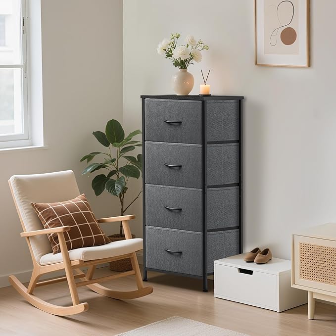 4 Fabric Drawer Dresser for Bedroom, Chest of Drawers with Waterproof Wood Top Tall Dresser for Hallway, Living Room, Kid Room (Grey and Charcoal Black)
