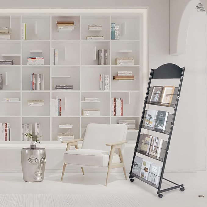 lesolar Floor-Standing Magazine Rack 4-tier Newspaper Holder Book Display Shelf Brochure Display Stand Floor Suitable for Exhibitions Shopping Malls Hospitals Offices School (Black)