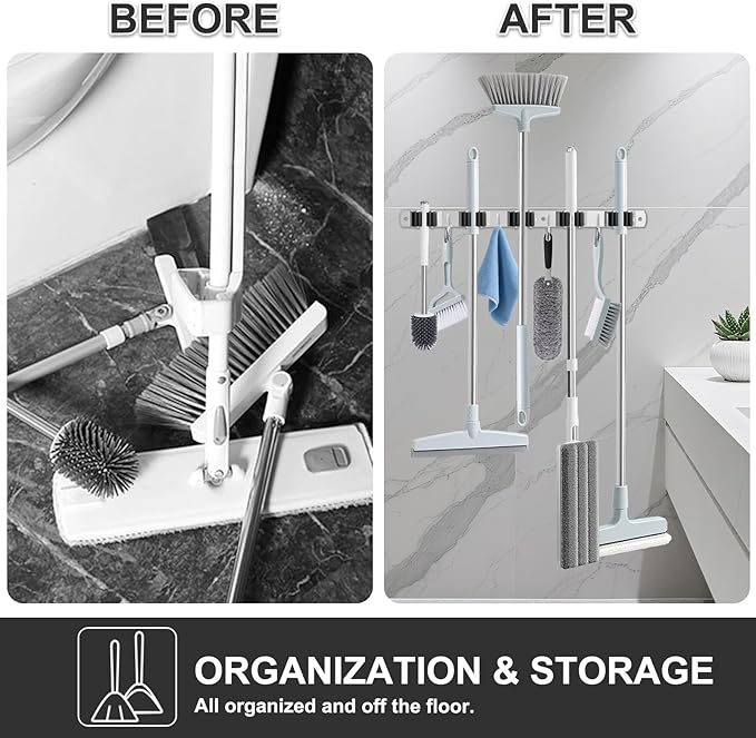 Broom Holder Wall Mount, Broom Organizer Wall Mount Stainless Steel Broom and Mop Hanger Heavy Duty Storage Organization for Home Kitchen Garden Garage Room 5 Racks 4 Hooks