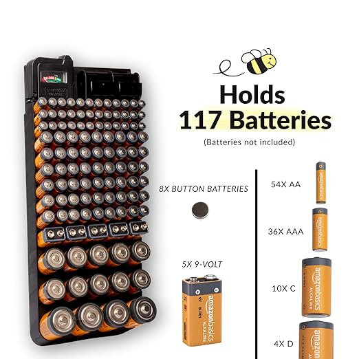 Bee Neat Battery Organizer and Storage Case with Tester - Battery Storage Box for Wall or Drawer - New & Improved Slanted Slot Design - Max. 117 Batteries AA, AAA, 9Volt, C, D & Button Batteries