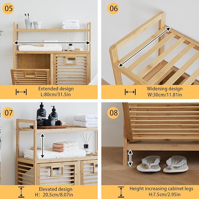 Double Tilt Out Laundry Hamper, Bamboo Hamper with 2 Removable Bags, Pull Out Laundry Hamper Cabinet, Bathroom Storage Shelf for Laundry Room, Living Room, Bedroom (2-Tier, Natural)