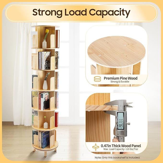 Rotating Bookshelf, 6-Tier Pine Wood Bookcase, Freestanding Bookcase Books Storage Displaying Rack, 360° Revolving Book Shelf Organizer, Each Tier Loading 110lbs, Used for Bedroom, Living Room, Study
