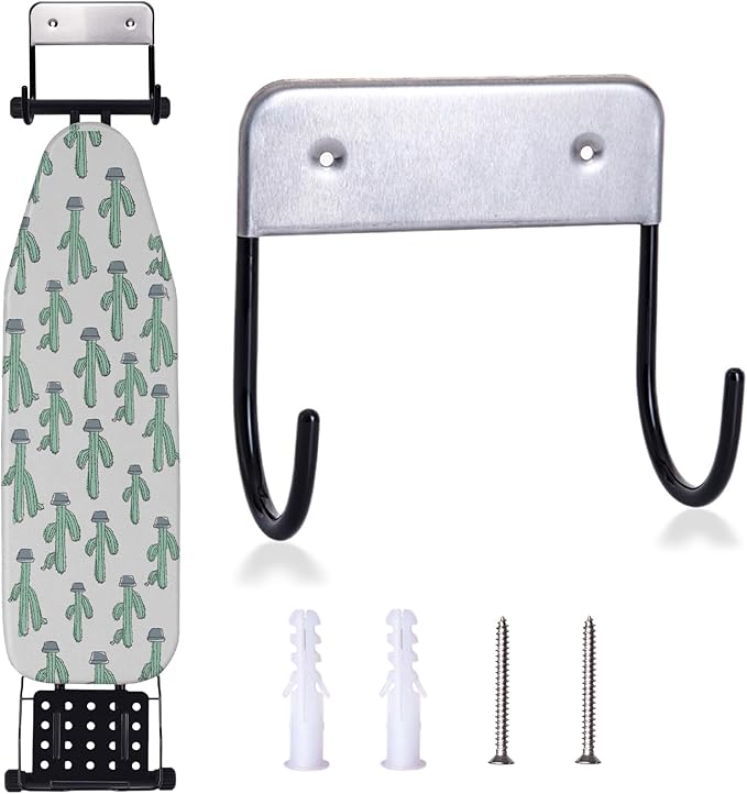 Ironing Board Hanger Wall Mount, Ironing Board Holder for Y or T Shaped,Stainless Steel Wall Hook Iron Board Holder for Laundry Rooms with 2 Hooks (Black)