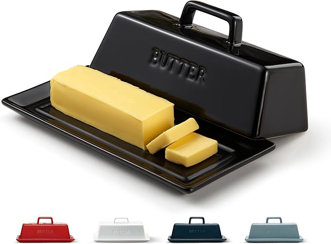 Butter Dish with Lid for Countertop, by Kook, Ceramic Dish Tray with Cover, Kitchen Keeper, Container, Holder, Holds 1 Stick, Microwave and Dishwasher Safe, Black