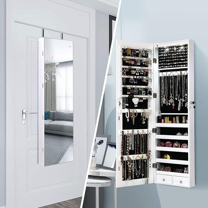 Giantex Wall Door Mounted Jewelry Armoire Cabinet with 47.5" Full Length Mirror, 2 LEDs Lockable Jewelry Organizers and Storage with 2 Drawers, Over the Door Jewelry Organizer Cabinet (White)