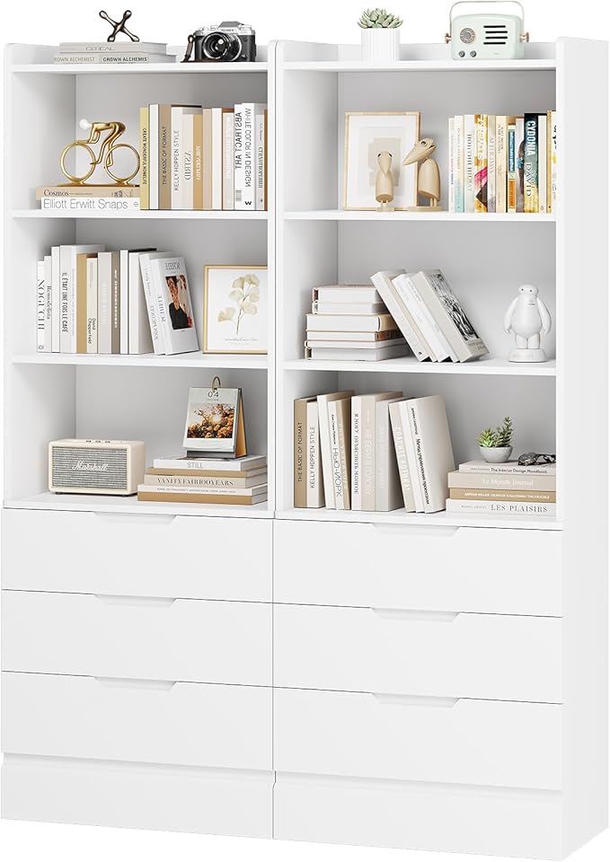 DICTAC Bookcase Set of 2 with 3 Drawers 73.23'' White Bookshelf Storage Cabinets with Shelves and Drawers Kitchen Pantry with Microwave Stand,Storage Organizer for Living Room,Office,Study, Bathroom
