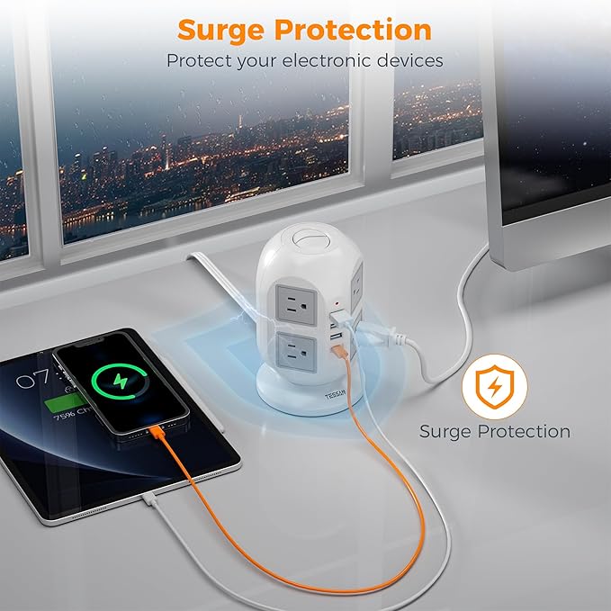 TESSAN Tower Surge Protector Power Strip 10 ft, Long Flat Extension Cord with Multiple Outlets, 8 AC Outlets with 4 USB Ports (1 USB C), Charging Station with Surge Protection, for Home Office Dorm
