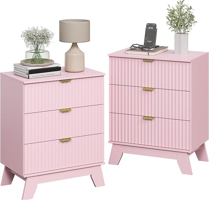 Night Stand Set 2, Bedside Table & End Table, Mid Century Modern Fluted Wood Nightstand with 3 Drawers & Metal Handles, Farmhouse Nightstand for Bedroom, Pink