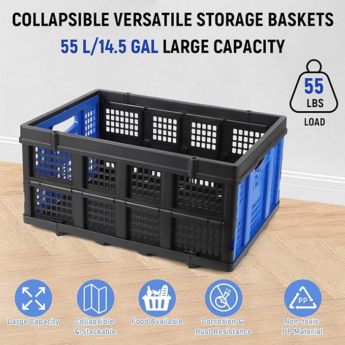 55L Collapsible Crates for Storage,Stackable & Collapsible Milk Crates, Stackable Storage Baskets, Folding Storage Containers for Organizing Tools, Books, Food, Drinks, Camping & Transport