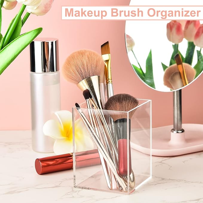 8 Pieces Clear Acrylic Pen Holder Acrylic Pencil Cup Clear Makeup Bush Holder Acrylic Desktop Stationery Organizer for Office School Home Desk Accessories (8 Pack, Square)