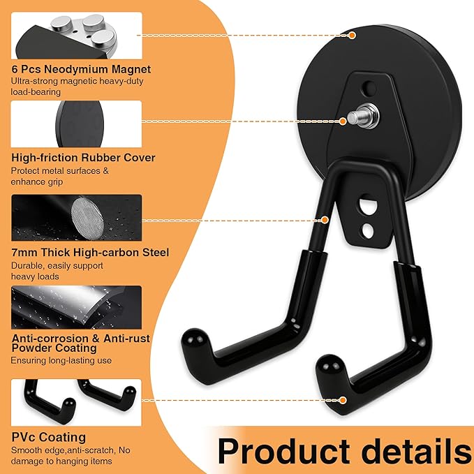 4 Pack Strong Magnet Hooks Heavy Duty, Rubber Coated No Damage Hook for Garage Storage, Dual Hook Design, Large Magnetic Hangers for Tools, Garden, Workshop (Orange2pcs + Black2pcs)