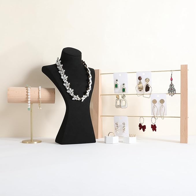 GemeShou 3 Tiers Beech Earring display stands for selling, Wooden Jewelry Shelf, Earring Storage Organizer, Brass earring holders with 42 holes for stud Dangle Hoop【Beech 3-Tier】