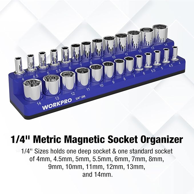 WORKPRO Magnetic Socket Organizer, 1/4-Inch Metric Socket Holder, Tool Trays Holds 26 Pieces Standard Size and Deep Size Sockets(Sockets not Included)