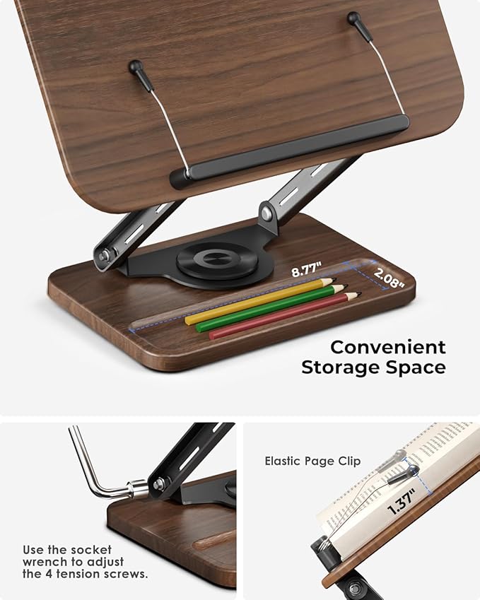 Viozon Book Stand for Reading, Book Holder 360° Rotating Base with Pen Slot, Foldable Reading Display Stand with Elastic Page Clips for Cookbook, Recipe, Textbook, Tablet, Laptop.