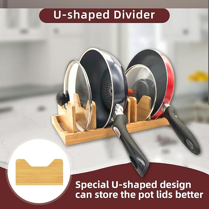 Bamboo Pot Lid Organizer for Cabinet & Kitchen Counter, Pan Lid Organizer Inside Cabinet, Pot Lid Holder, Sheet Pan Rack, Adjustable Pot Cover Holder Rack for Countertop, Under Cabinet Black