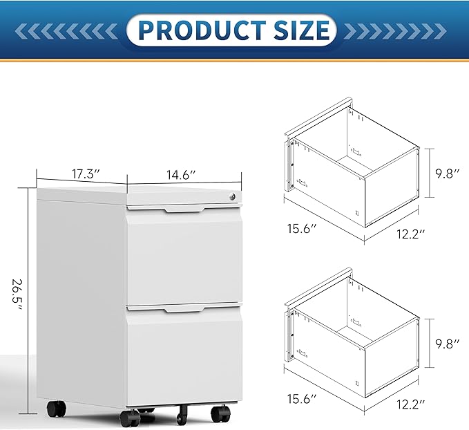 File Cabinet 2 Drawers on Wheels Under Desk,Locking Filing Cabinets for Home Office,Metal Vertical Files Drawers,Small Rolling Cabinet Printer Stand for Legal/Letter/A4( Assembly Required-White)