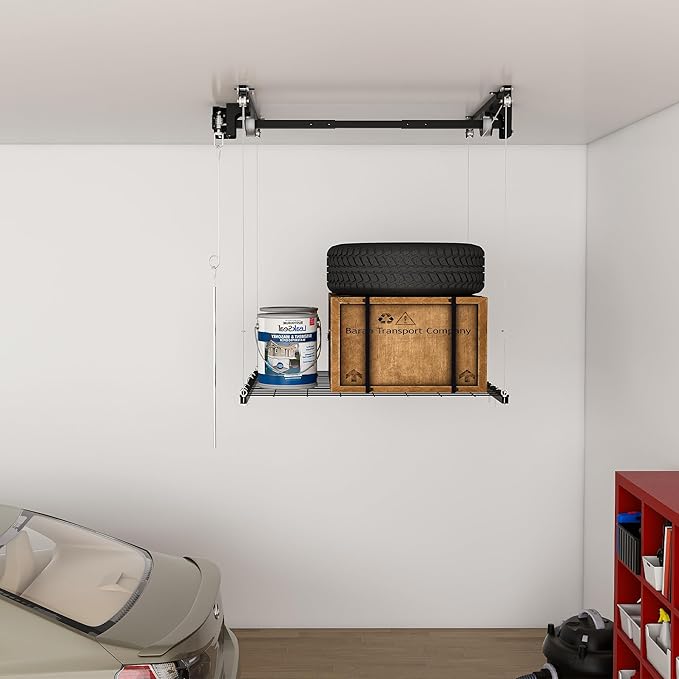 Montary 4x4 FT Overhead Garage Storage Rack for 10-12 FT Ceiling, Adjustable Ceiling Storage Rack with Safety Lock, 250LBS Capacity All-Steel Construction Heavy-Duty Garage Lifting Organizer