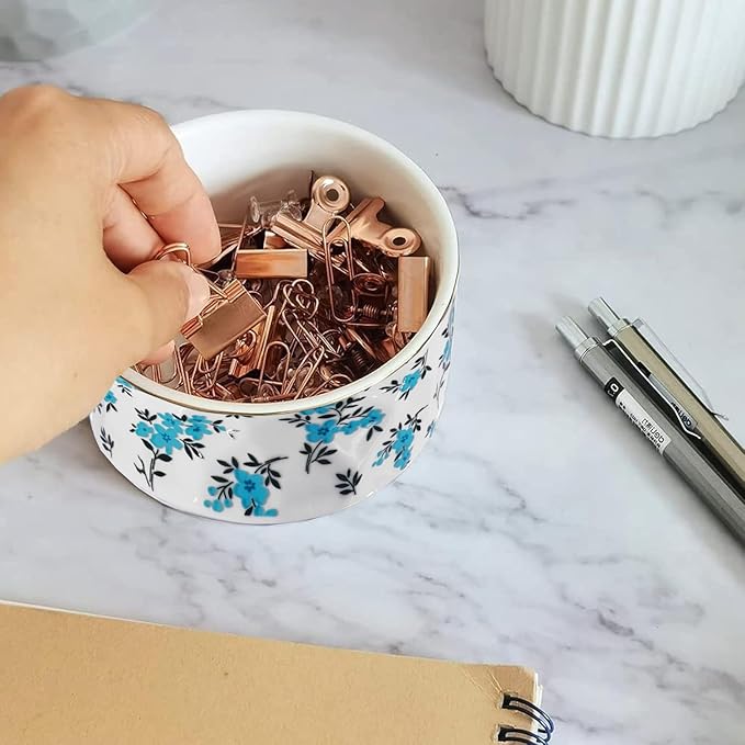 Paper Clip Holder Ceramic Paper Clip Holders Floral Paperclips Holder Dispenser Cute Gold Line Paper Clip Organizer for Desk Binder Clip Holder Bobby Pin Hair Gift for Office Teal Flowers