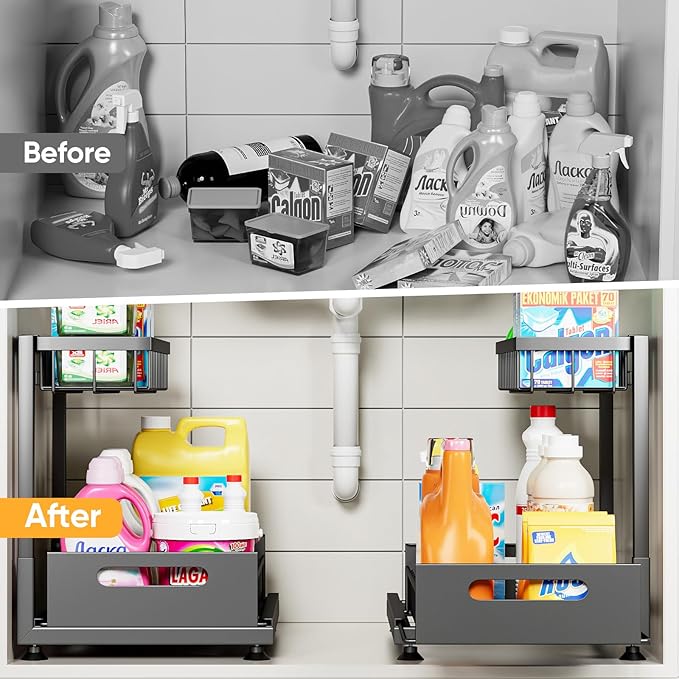 2 Pack Under Sink Organizer Storage 2-Tier Premium Metal Pull-Out Racks, Height Adjustable, Easy Installation | Kitchen & Bathroom Organizers