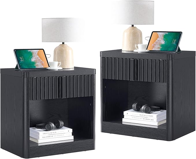Fluted Nightstand Set of 2 with Charging Station, 23.6" End Table with Open Shelf and Drawers Storage, Bedside Table with Solid Wood Handle, Curved Profile Design, Night Stand for Bedroom