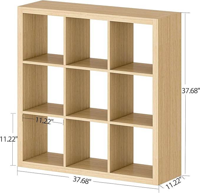 Bookshelf with Storage Bins, 9-Cube Storage Organizer Sturdy Wooden Bookcase Open Book Shelf, Multifunctional Cubicle Rack for Storage & Display, Furniture for Living Room Bedroom Office, Oak