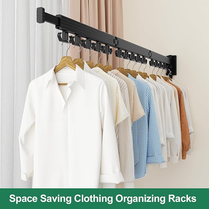 Wall Mount Clothes Drying Rack, Wall Mounted Drying Rack, Upgraded 3-Fold & Sturdy Laundry Drying Rack with 12 Dual-Side Hooks Space Saver for Laundry Room, Apartment, Dorms - Black