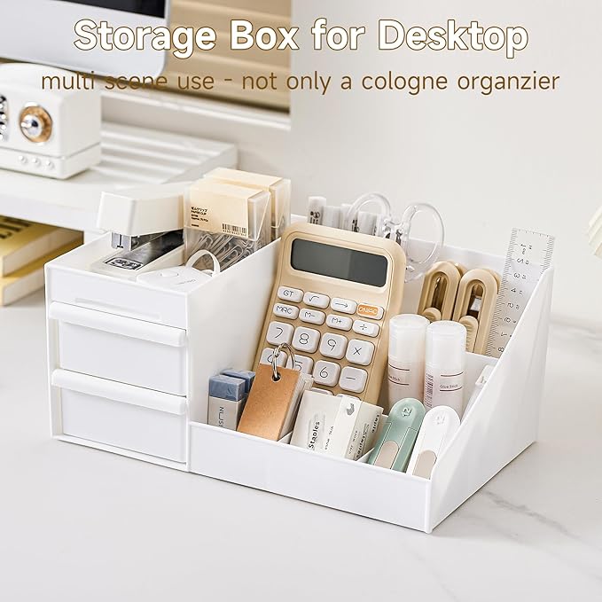 Perfume Cologne Organizer, Perfume Stand Shelf with 2 Drawers, Bathroom Counter Organizer and Storage for Skincare, Makeup, Cosmetics, White