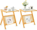 GOFLAME Rattan Side Table Set of 2, Z-Shaped End Table with Tempered Glass Top, Magazine Rack, Boho Night Stand, Small Coffee Table, Bamboo Accent Bedside Table for Living Room, Bedroom, Natural