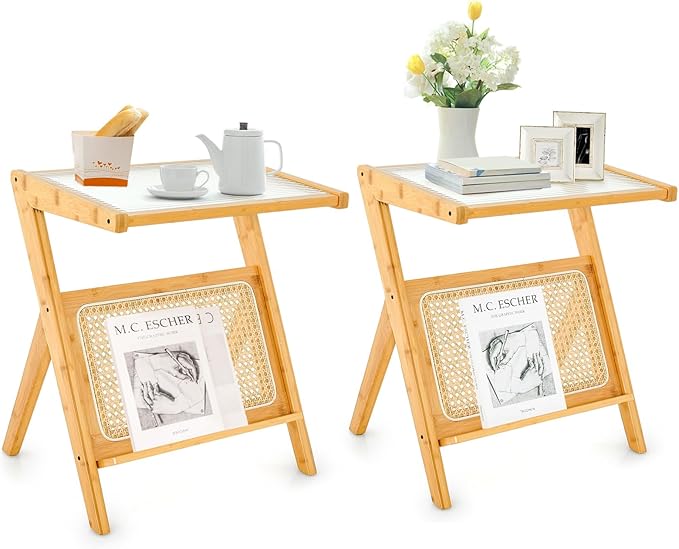GOFLAME Rattan Side Table Set of 2, Z-Shaped End Table with Tempered Glass Top, Magazine Rack, Boho Night Stand, Small Coffee Table, Bamboo Accent Bedside Table for Living Room, Bedroom, Natural