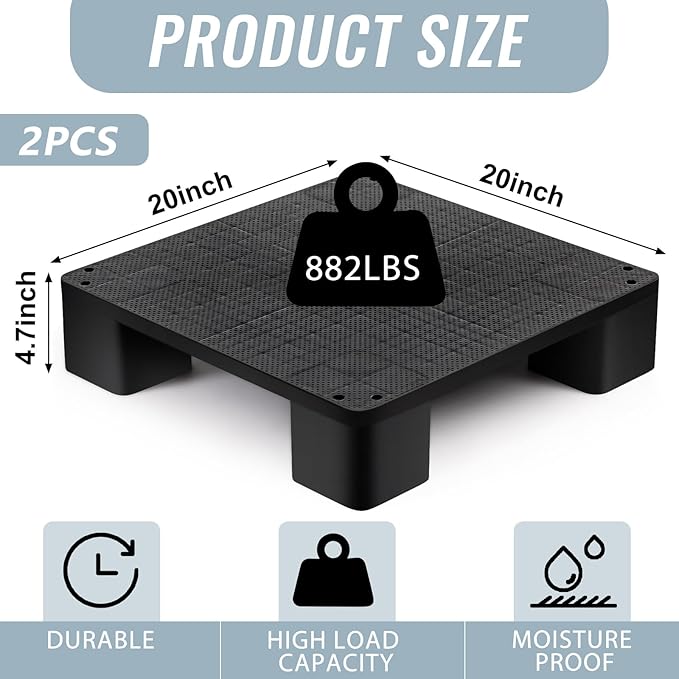 2 Pcs Plastic Pallet for Basement Storage Easy Stack Lightweight Floor Pallet Display Flooring Room Supermarket Christmas, Support up to 2000 Lbs (20'' L X 20'' W X 4.7'' H,Black)