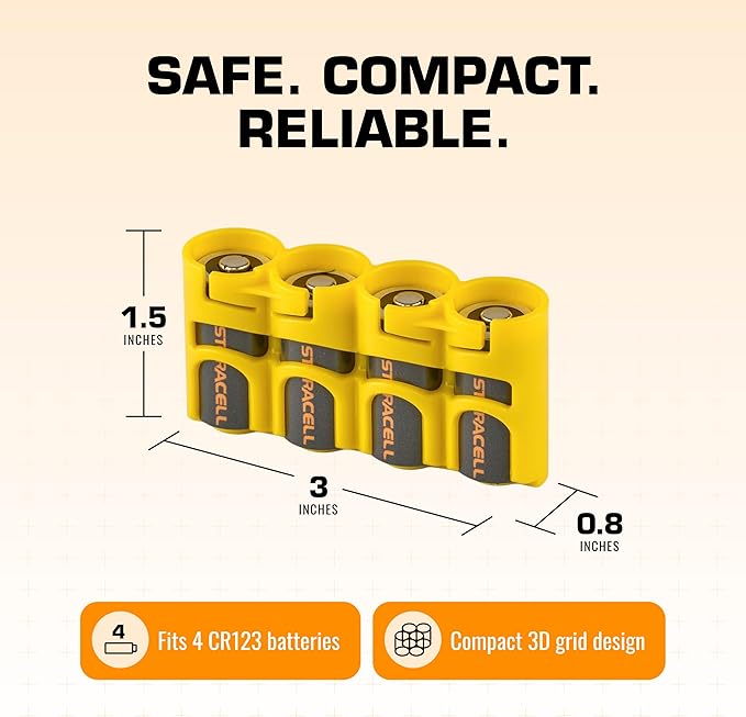 Storacell Slimline CR123 Battery Storage Caddy, Yellow, Holds 4 Batteries (Not Included)