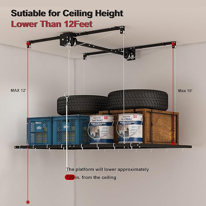 4x8FT Overhead Garage Storage Rack for High Ceilings 10-12 FT, Adjustable Garage Organization System, Heavy Duty Ceiling Storage Racks with Safety Lock,325LBS Capacity,Black