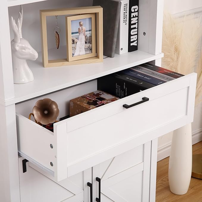 GarveeHome Bookshelf with Doors, 6-Tire Farmhouse Storage Cabinet Bookcase Floor Standing Bookshelves with w/ 1 Drawer and Adjustable Shelves for Homeoffice Living Room, Bedroom