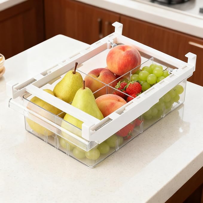 Fridge Drawer Organizer, Pull Out Shelf Storage Transparent Organizer for Refrigerator, Drawer Organizer for Egg, Fruit, Vegetable, Seafood, Meat, Cheese, Produce (White B)