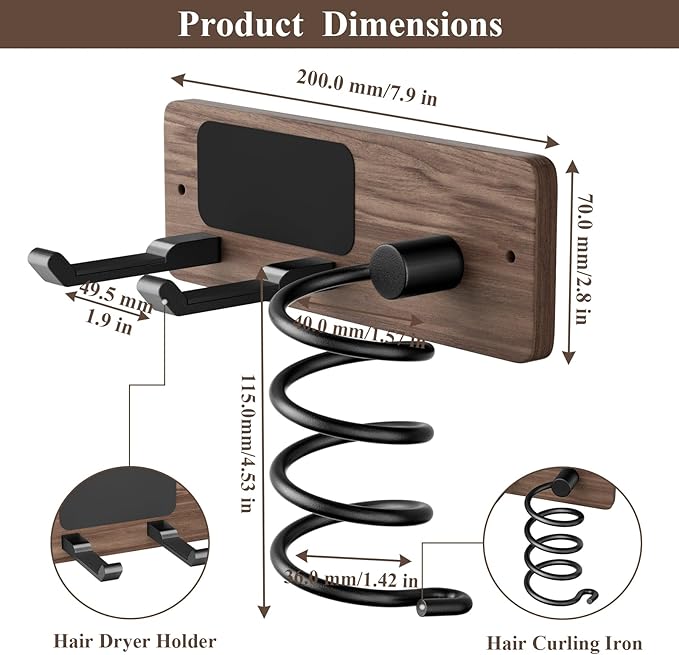 Tindbea Hair Dryer Holder Curling Iron Holder, Blow Dryer Holder Wall Mount, Bathroom Hair Tool Organizer Rack for Universal Dryer, Walnut Matte Black