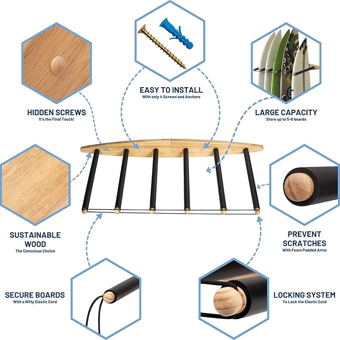 Hang 11 Vertical Surfboard Rack - Surf Racks for Wall, Sustainable Hardwood Surf Board Holder with Rubber Mat, Surfboard Wall Mount, Paddle Board & SUP Garage Storage (6 arms / 5-6 boards)