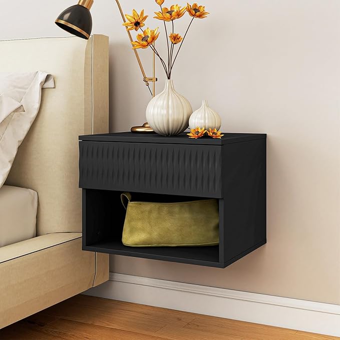 Floating Nightstand Set of 2,Modern Bedside Tables for Bedroom,Small Night Stands with Drawer and Open Shelf, Wall Mounted End SideTables Set for Living Room