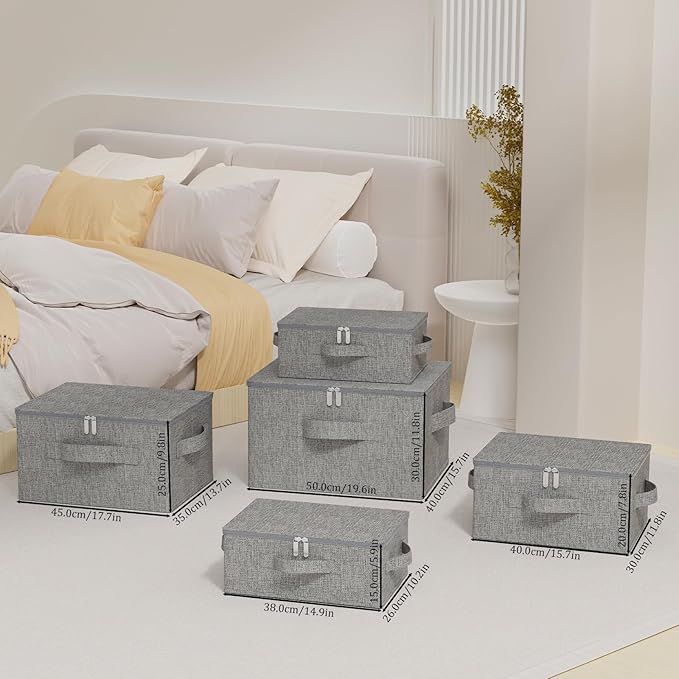 Blanket Bags with Lid, Foldable Underbed Storage Bins, Home Basket Container for Organizing Clothes, Shoes, Pillows, 14.9x10.2x5.9Inches, Grey, 2 Pack