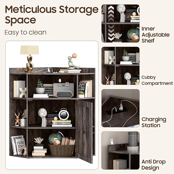 Corner Storage Cabinet, Farmhouse Corner Bookshelf with Storage 6-Cubby Wooden Cabinet with USB Ports and Outlets Industrial Organizer for Small Space, Study, Playroom, Living Room