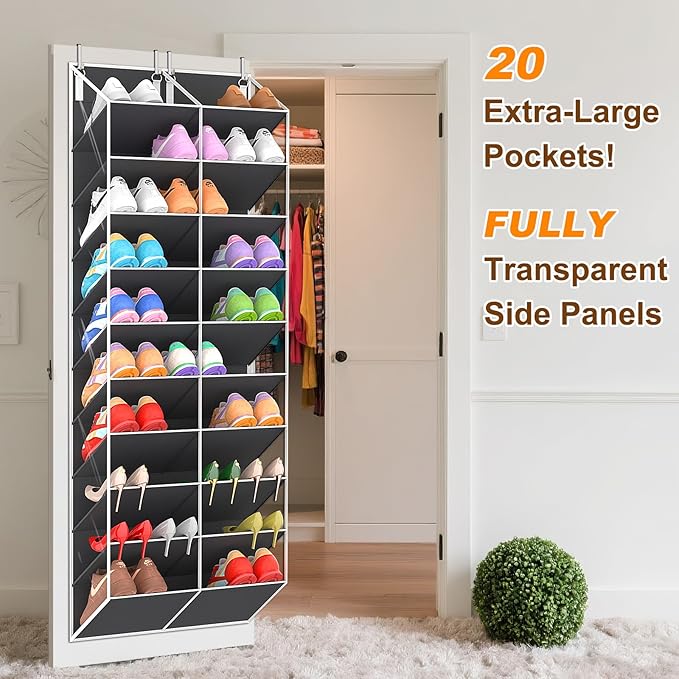 30 Pairs Over the Door Shoe Organizer, Clear Pockets Hanging Shoe Storage for Closet, 10-Tier Door Shoes Rack Storage Fit All the Family's Sneakers, Boots, Heels, Dark Grey