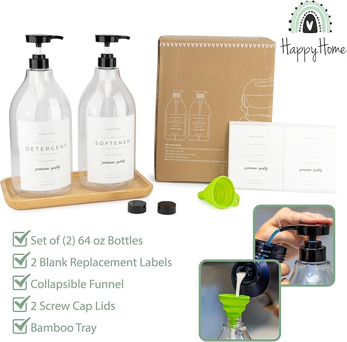 Laundry Detergent Dispenser - Fabric Softener Liquid Dispenser for Laundry Room - 64oz Plastic Soap Dispenser, Waterproof Labels, Collapsible Funnel, Extra Labels, Measuring Cup&Bamboo Tray - Set of 2