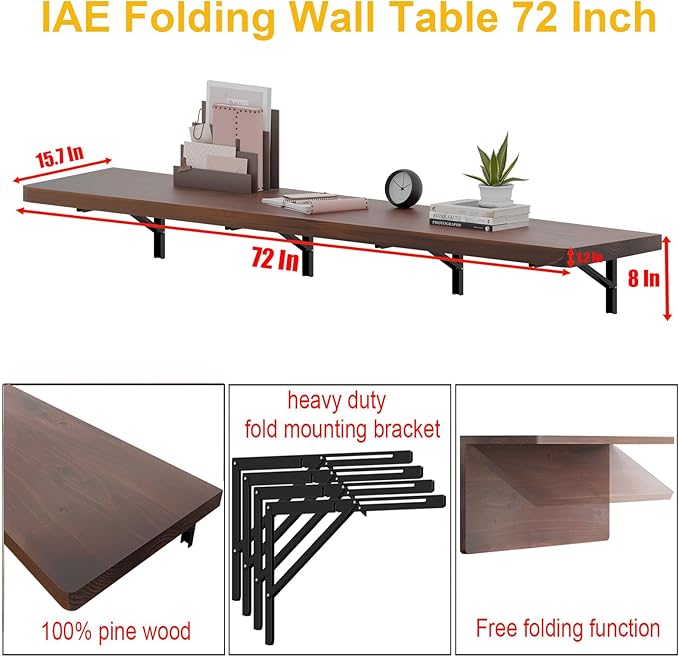 IAE Wall Mounted Folding Table with Pine Wood,72" x 16" Floating Wall Desk,Laundry Folding Table with Shelf Brackets,Fold Down Desk Shelf,Folding Workbench for Home,Dining,Laundry Room,Kitchen,Brown